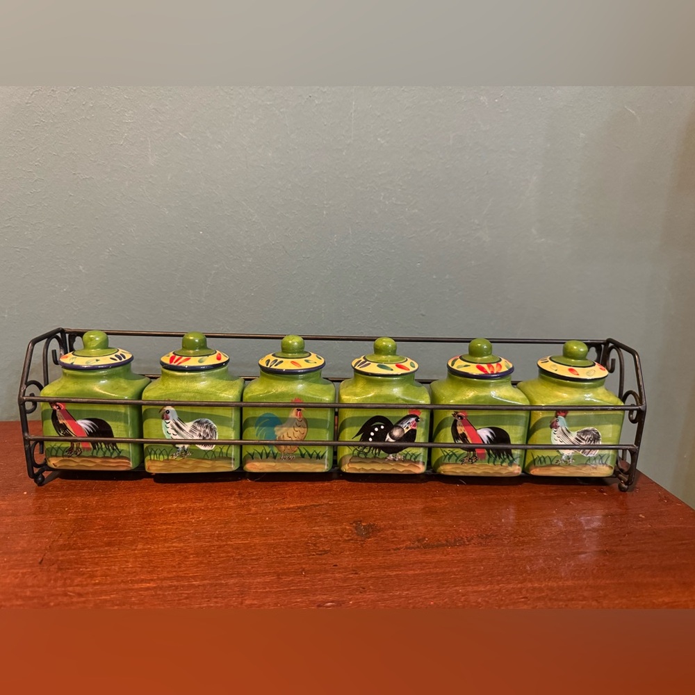 BAUM Brothers Style Eyes Provence Rooster 6 Spice Jar Set with Wire Rack